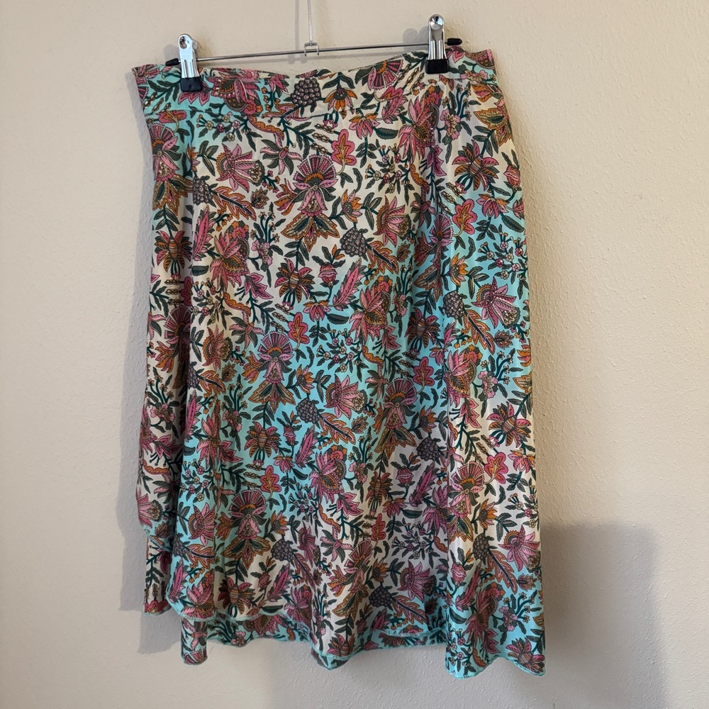Vintage Silk Pink Green Floral Midi Wrap Skirt One Size Boho Beach Travel Casual - Picture 2 of 6